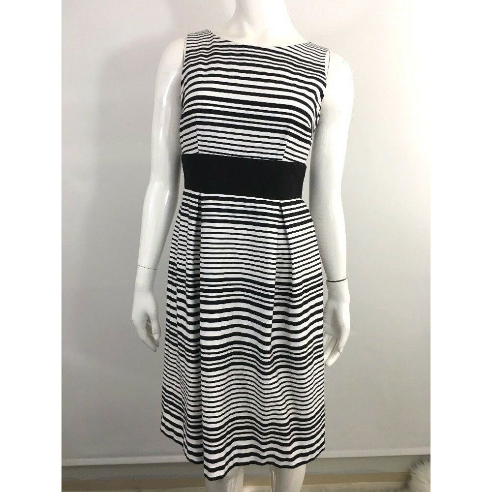 A-line Striped Pleated Waist Tie Sleeveless Dress